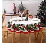 CAROMIO Round Christmas Tablecloth 60 Inch, Cheery Holly Leaves & Berries Design, Spill-Proof Circular Table Cover for Kitchen Dining Wrinkle-Resistant Holiday Party Decor