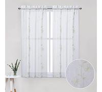 CAROMIO Sheer Tiers with Floral Leaf Embroidered Semi Sheer Curtains 45 inches Long Rod Pocket Kitchen Curtain Window Treatment for Bathroom, Beige, Two Panel