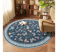 CAROMIO Washable Butterfly Round Rug 120 cm, Mushroom & Nature-Inspired Design Area Rug for Bedroom, Non-Slip Low Pile Carpet for Nursery Kids Room, Navy Blue