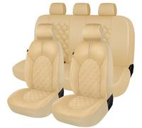 CAROMOP Luxury Leather Car Seat Covers Full Set-Waterproof Seat Protectors with Split Bench Seat Covers for Cars-Universal Cars Interior Covers for Sedans, SUVs, Pick-up Trucks(Beige/Beige Line)