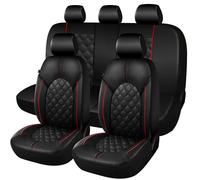 CAROMOP Luxury PU Leather Car Seat Covers Full Set-Waterproof Seat Protectors with Split Bench Seat Covers for Cars-Universal Cars Interior Covers for Sedans, SUVs, Pick-up Trucks (Black/Red Line)