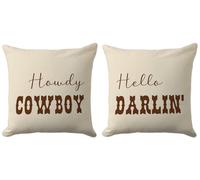 CarOptics Howdy Cowboy & Hello Darlin’ Lumbar Pillow Covers 18x18 Inch - Set of 2 Western Couple Throw Pillowcases for Rustic Farmhouse Decor, Country Gifts for Couch or Sofa (Beige)