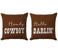 CarOptics Set of 2 Western Funny Couple Pillow Covers 18x18 Inch - 'Howdy Cowboy' & 'Hello Darlin'' Set of 2, Teen Girls Boys Gifts, Rustic Farmhouse Charm for Various Settings(Brown)
