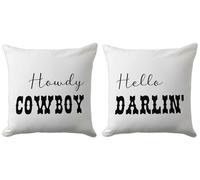 CarOptics Set of 2 Western Funny Couple Pillow Covers 18x18 Inch - 'Howdy Cowboy' & 'Hello Darlin'' Set of 2, Teen Girls Boys Gifts, Rustic Farmhouse Charm for Various Settings(White)