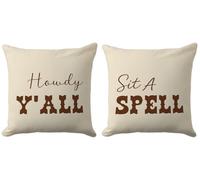 CarOptics Western Farmhouse Throw Pillow Covers 18x18 Inch Set of 2 - Howdy Y’All & Sit A Spell - Southern Rustic Decorative Pillow Cases for Couch, Sofa, Living Room, Country Home Decor