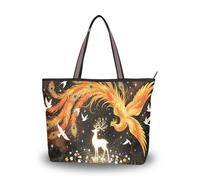 Carorui Fabric Tote Bag, Roman Silk Polyester, 18.5L Multi-Pocket, Zipper Reusable Handbag for Shopping Travel（Chinese-style Phoenix Elk Pattern