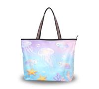 Carorui Fabric Tote Bag, Roman Silk Polyester, 18.5L Multi-Pocket, Zipper Reusable Handbag for Shopping Travel（Jellyfish and Starfish Pattern