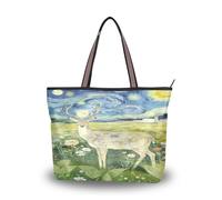 Carorui Fabric Tote Bag, Roman Silk Polyester, 18.5L Multi-Pocket, Zipper Reusable Handbag for Shopping Travel（Starry Sky Neon Deer Pattern