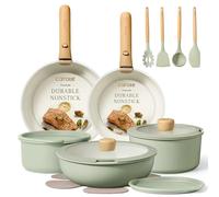 CAROTE Pots and Pans Set, Nonstick Cookware Set Detachable Handle, 15pcs Induction Kitchen Cookware Sets Non Stick with Removable Handle, RV Cookware Set, Oven Safe, Sage Green