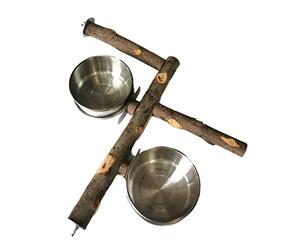 carotoe Bird Perch Stand with 2pcs Stainless Steel Feeder Cups Wood Standing Stable Scrub Station Cage Accessories Perch Stand Natural Wood with Food Water Bowl