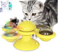 Carousel Cat Toy, Spinning Windmill Flashing Cat Toy Brush Massage Scratching with Suction Cup, Windmill Turntable Teasing Cat Toy Interactive Teasing Cat Toy With LED Light (yellow)