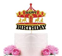 Carousel Happy Birthday Cake Topper/Vintage Circus Tent Carnival Birthday Cake Decor/Children Bday Amusement Park Theme Party Decorations Gold & Red