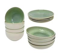 Carousel Home 12 Piece Green Stoneware Dinnerware Set Plates Bowls Deep Plates Reactive Glaze Tableware Set
