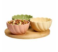 Carousel Home 4-piece Serving Platter, Set of 3 Scalloped Ceramic Bowls with Wooden Serving Tray, Dip Snack Bowls Tapas Set