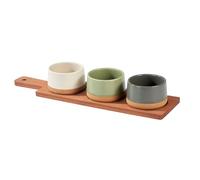 Carousel Home 4-piece Stoneware Dip Bowls and Tray Set, 3 Snack Bowls with Wooden Serving Tray, Nibbles Serving Platter
