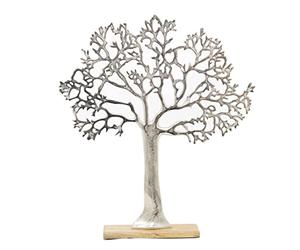 Carousel Home 63cm Elegant Silver Tone Tree Of Life Sculpture | Extra Large Silver Metal Tree Ornament On Wooden Base | Aluminium Family Tree Wood Stand