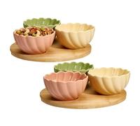 Carousel Home 8-piece Serving Platter, Set of 6 Scalloped Ceramic Bowls with 2 Wooden Serving Trays, Dip Snack Bowls Tapas Set