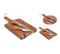 Carousel Home Acacia Wood Cheese Board with Knife & Fork | 3-Piece Wooden Cheese Serving Platter | Small Single Cheese Board - Design Varies One Supplied