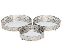 Carousel Home and Gifts Set of 3 Silver Metal Mirror Candle Plate Decorative Tray ~ Centerpiece, Perfume tray, Mirrored Tray