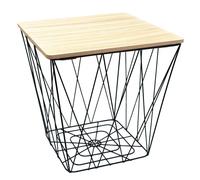 Carousel Home and Gifts Square Wooden Top Geometric Wire Occasional Side Table - Storage Basket Table With Lid