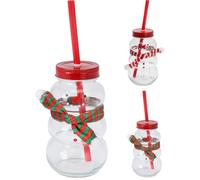 Carousel Home Christmas Snowman Glass Jar with Straw and Lid | Festive Clear Holiday Drinkware | Unique Novelty Shaped Cup - One Random Design