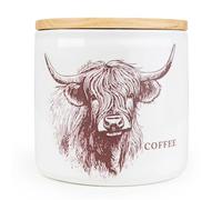 Carousel Home Highland Cow Coffee Canister | 12cm Ceramic Coffee Storage Jar with wooden Lid | Airtight Kitchen Canister