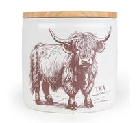 Carousel Home Highland Cow Tea Canister | 12cm Ceramic Tea Storage Jar with wooden Lid | Airtight Kitchen Canister