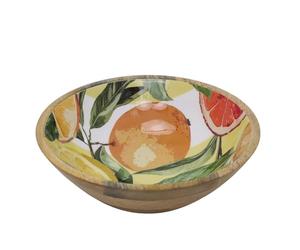 Carousel Home Large Mango Wood Citrus Bowl | 25cm Enamel Orchard Fruit Design Handcrafted Serving Bowl for Fruit, Salad, Pasta or Bread