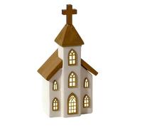 Carousel Home LED Ceramic Christmas Church | Light Up Ceramic & Wood Chapel Ornament | Festive Village Decoration - 23cm