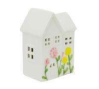 Carousel Home LED Ceramic House, 13.5cm Light-up White Embossed Spring Flower House with Cut Out Windows, Decorative Shelf Ornament