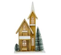 Carousel Home LED Wooden Christmas Church with Bottle Brush Trees | Light-Up Nordic Village Ornament | Rustic Timer-Operated Christmas Decoration - 42cm
