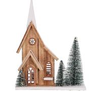 Carousel Home LED Wooden Christmas House with Bottle Brush Trees | Light-Up Nordic Village Ornament | Rustic Festive House Decoration - 34.5cm