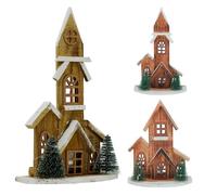 Carousel Home LED Wooden Christmas House with Bottle Brush Trees | Magical Light-Up Nordic Village Ornament | Festive Timer-Operated Christmas Decoration - Design Varies