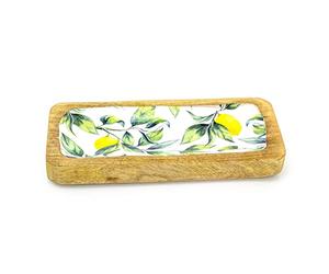 Carousel Home Lemon Orchard Enamelled Mango Wood Dish | Hand Crafted Rectangle Serving Platter Graze Board Snack Board | Sharing Platter Food Board for Appetisers - 30cm