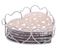 Carousel Home Love Hearts Wooden Whitewash Shabby Chic Heart Shaped Drinks Coasters with Wire Holder