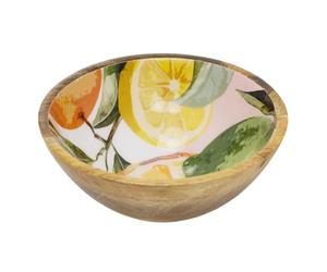 Carousel Home Medium Mango Wood Citrus Bowl | 17cm Enamel Orchard Fruit Design Kitchen Serving Bowl for Snacks, Dips, Desserts