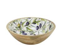 Carousel Home Medium Olive Enamelled Wooden Bowl, 25x8cm Mango Wood Serving Dish with Mediterranean Olive Pattern for Salads, Fruit and Snacks