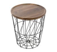 Carousel Home Modern Black Metal Storage Side Table with Wooden Lid | Round Wire Basket Table for Living Room Bedroom - 40cm