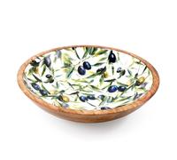 Carousel Home Olive Enamelled Wooden Bowl | Large Mango Wood Serving Dish with Olive Pattern | Mediterranean Salad or Fruit Bowl for Kitchen - 30cm