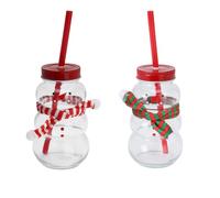 Carousel Home Pack of 2 Snowman Shaped Drinking Jar Christmas Drinks Glass | Clear Glass Drinking Jar with Lid and Straw | Novelty Christmas Snowman Drinking Glass - Design Varies