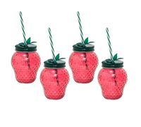 Carousel Home Pack of 4 Strawberry Glass Drinking Jars with Lid & Straw | Fun Summer Red Strawberry Mason Jars | Novelty Glasses for Picnics, Parties & Outdoor Cocktails - 450ml