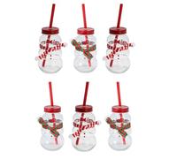 Carousel Home Pack of 6 Snowman Shaped Transparent Glass Drinking Jar with Lid and Straw - Christmas Drinking Cup - 300 ml Capacity
