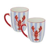 Carousel Home Set of 2 Ceramic Lobster Mugs, 340ml Coastal Blue Stripe Coffee Cups with Watercolour Nautical Design