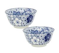 Carousel Home Set of 2 Japanese Style Blue and White Ceramic Bowls, 11.5cm Footed Tapas Snack Bowls with Indigo Chinoiserie Pattern - Design Varies