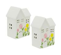Carousel Home Set of 2 LED Ceramic Houses, 13.5cm Light-up White Embossed Spring Flower Houses with Cut Out Windows, Decorative Shelf Ornaments