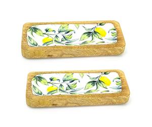 Carousel Home Set of 2 Lemon Orchard Enamelled Mango Wood Dish | Hand Crafted Rectangle Serving Platter Graze Board Snack Board | Sharing Platter Food Board for Appetisers - 30cm