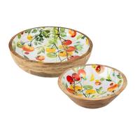 Carousel Home Set of 2 Mango Wood Serving Bowls with Tomato Enamel Interior, 30cm and 24cm Handcrafted Wooden Salad and Fruit Bowls