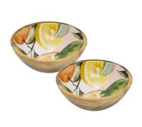 Carousel Home Set of 2 Medium Mango Wood Citrus Bowls | 17cm Enamel Orchard Fruit Design Kitchen Serving Bowls for Snacks, Dips, Desserts