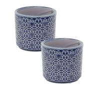 Carousel Home Set of 2 Mini Navy Blue Trellis Stoneware Plant Pots, 7cm Small Ceramic Planters Cachepots for Succulents, Herbs and Indoor Plants
