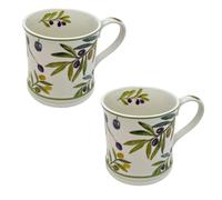 Carousel Home Set of 2 Olive Grove Mugs, 330ml Fine China Botanical Olive Branch Tea Coffee Cups with Mediterranean Design